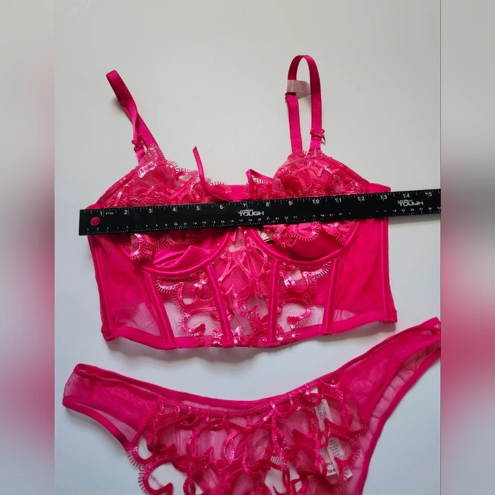 💋SET💋‎ Victoria's Secret Wicked Shimmer Heart Embroidery Corset + Panty L